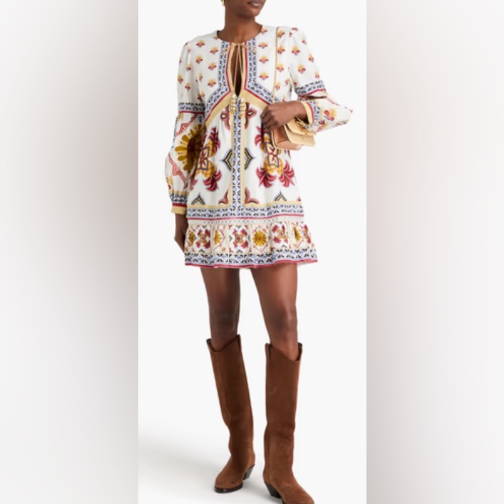 Farm Rio Off-White Bright Multi Tile Print Lightweight Long Sleeve Mini Dress: M - Picture 3 of 13
